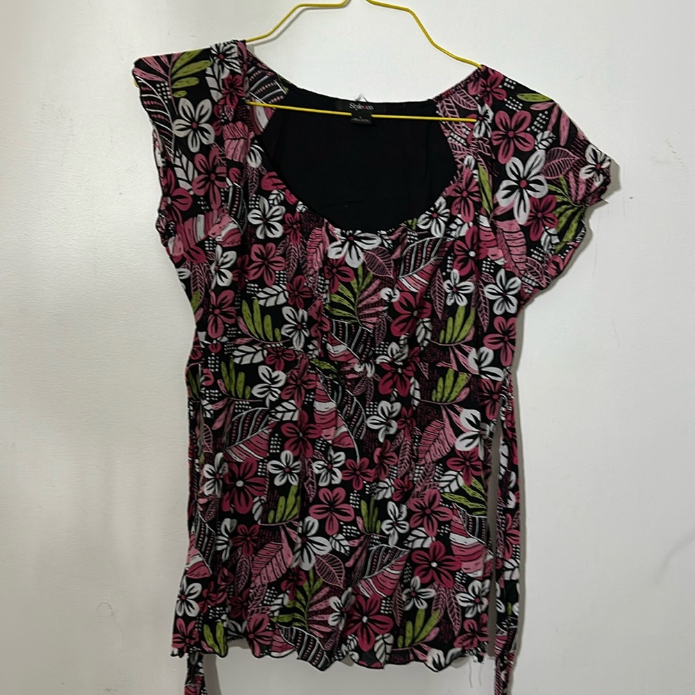 Style and Co. Pink, red floral blouse, size is large